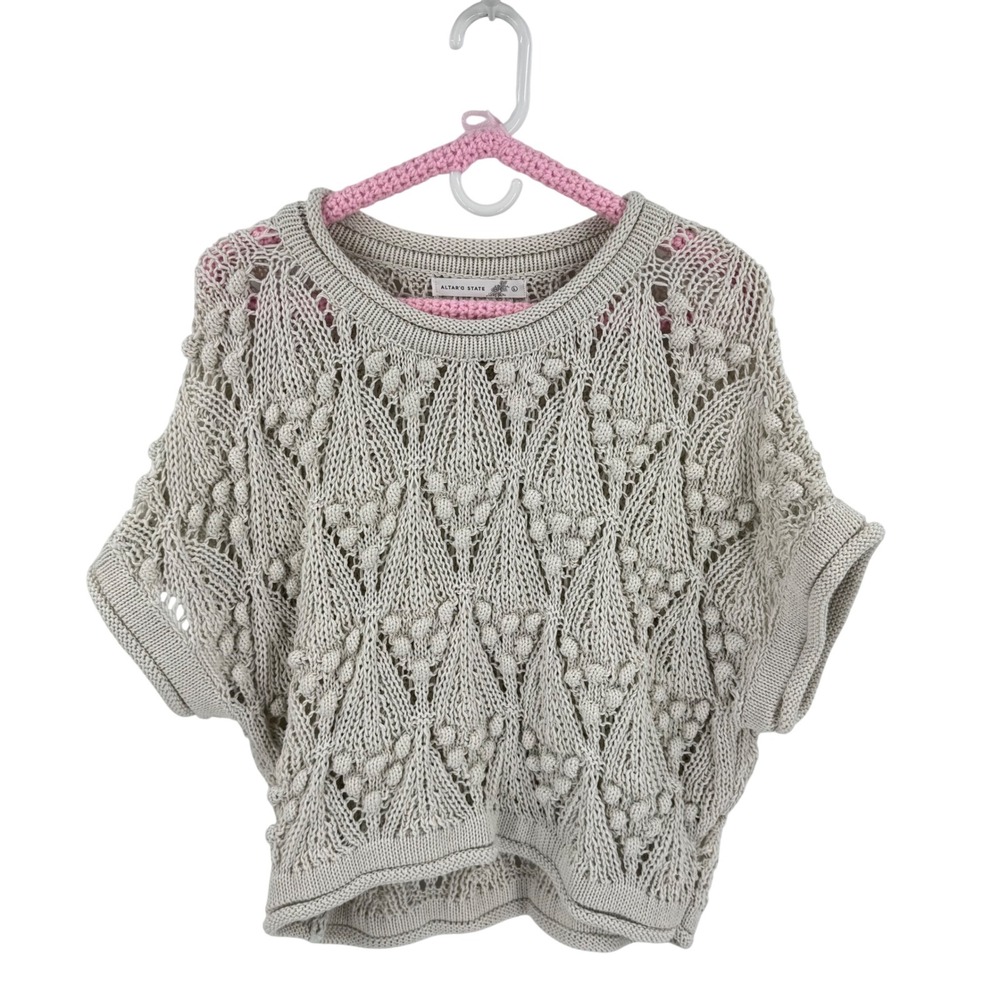 Altar'd State Sweater Beige Large Boho Open Knit Bobble Crochet Cottage